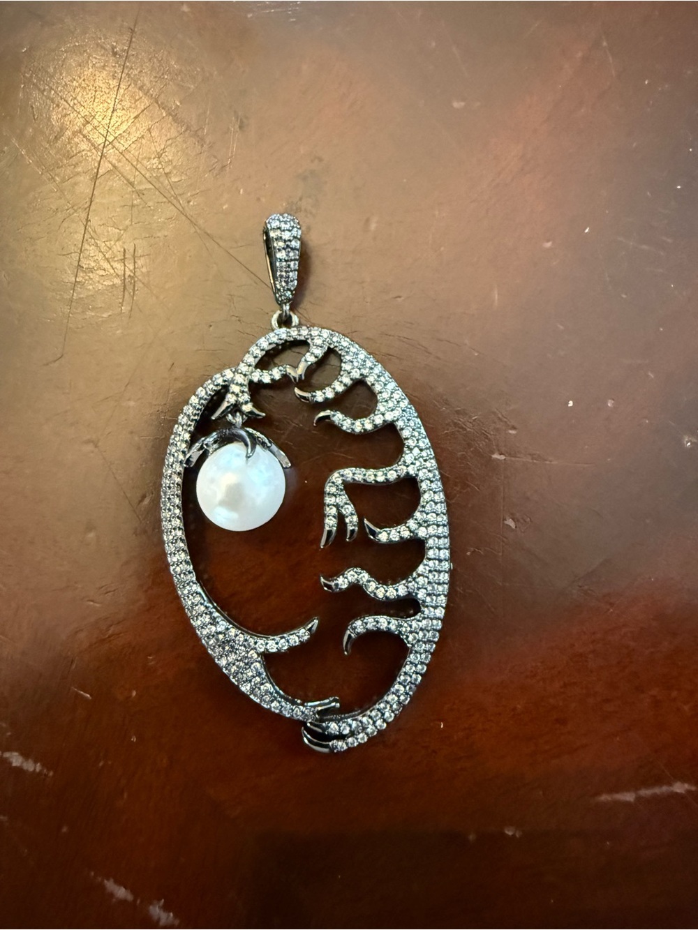 Adina Eden Silver-Tone Crystal Open Oval Pendant with White Pearl